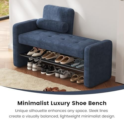 104cm Entryway Bench with Shoe Storage, Upholstered Blue Modern Seat