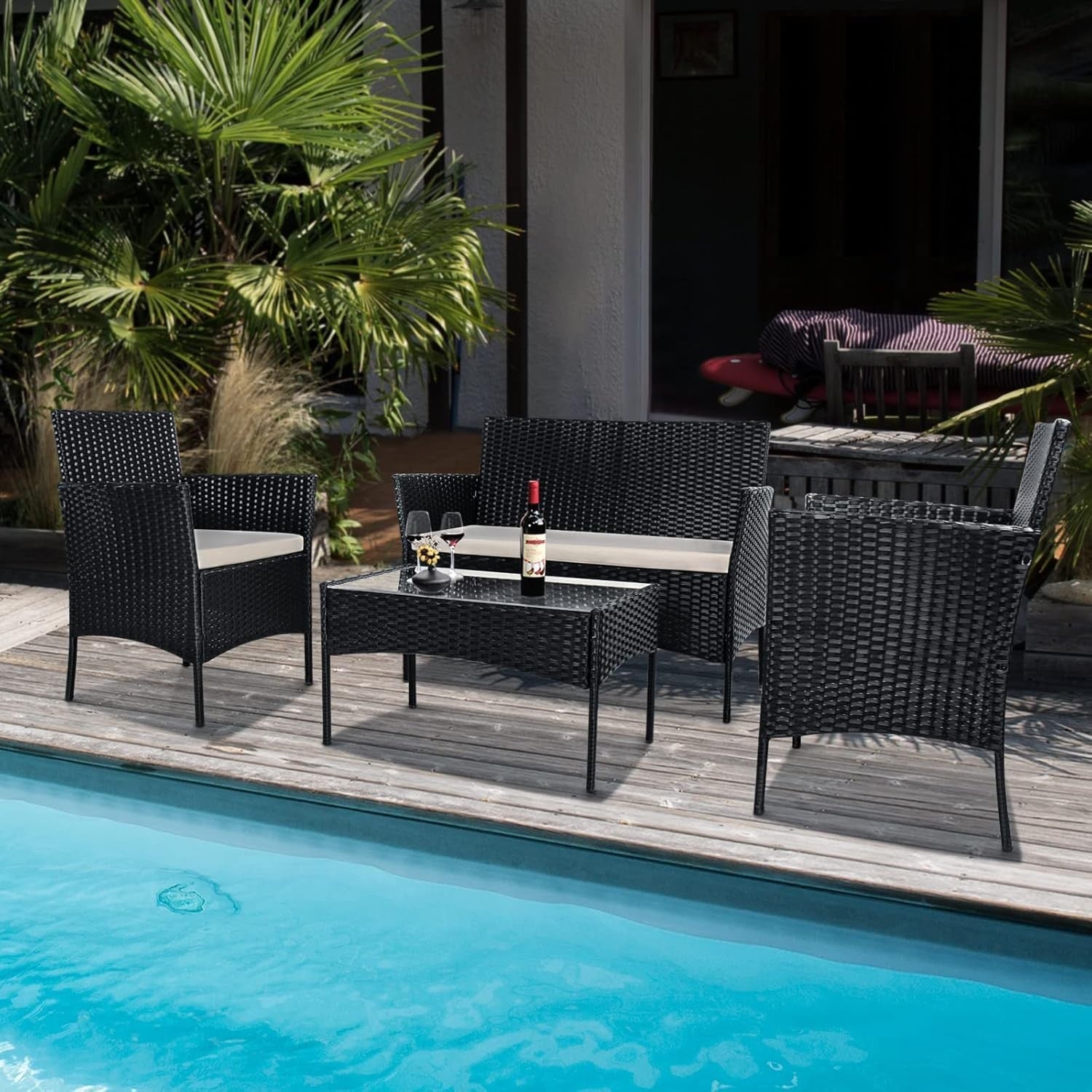 4 Seater Black Rattan Garden Furniture Set Outdoor Sofa Chairs Table