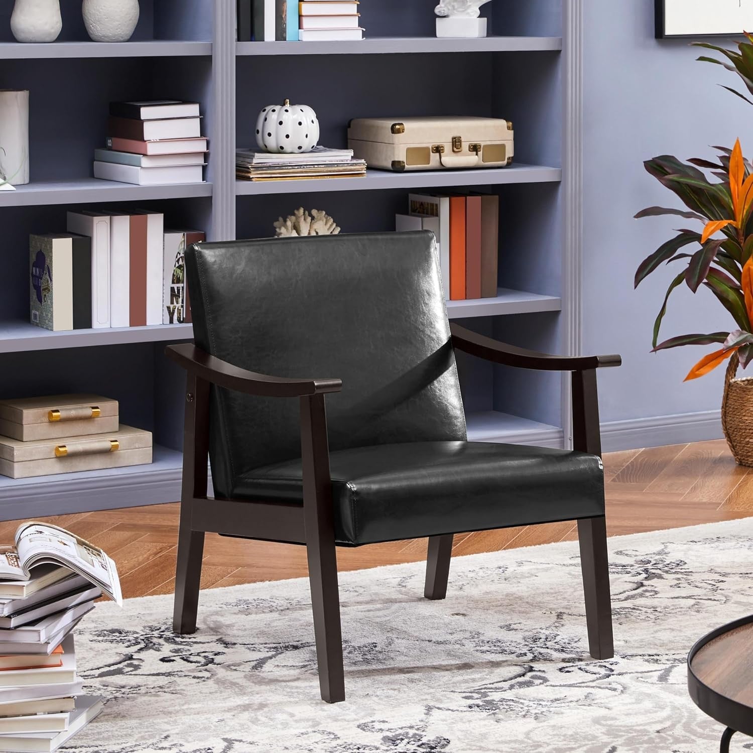 Black Faux Leather Accent Chair – Modern Armchair w/ Rubber Wood Legs