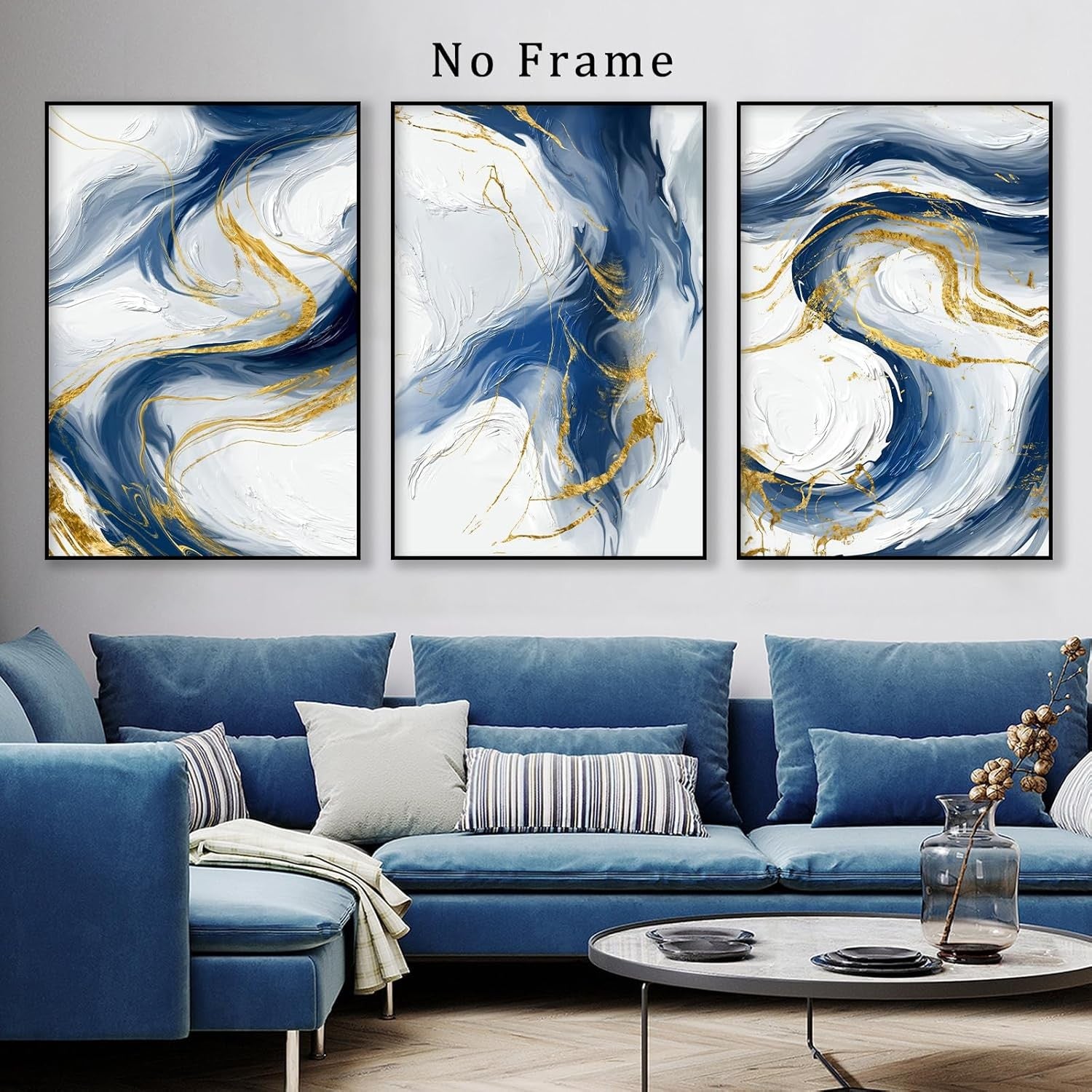 Blue Gold Abstract Canvas Wall Art Set 3 60x40cm Prints