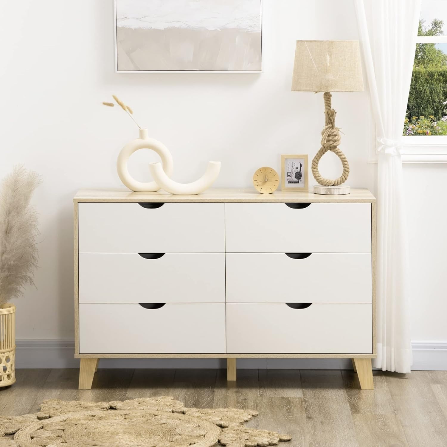 Wide 6 Drawer White Wood Dresser Chest, Modern Storage Unit for Living Room