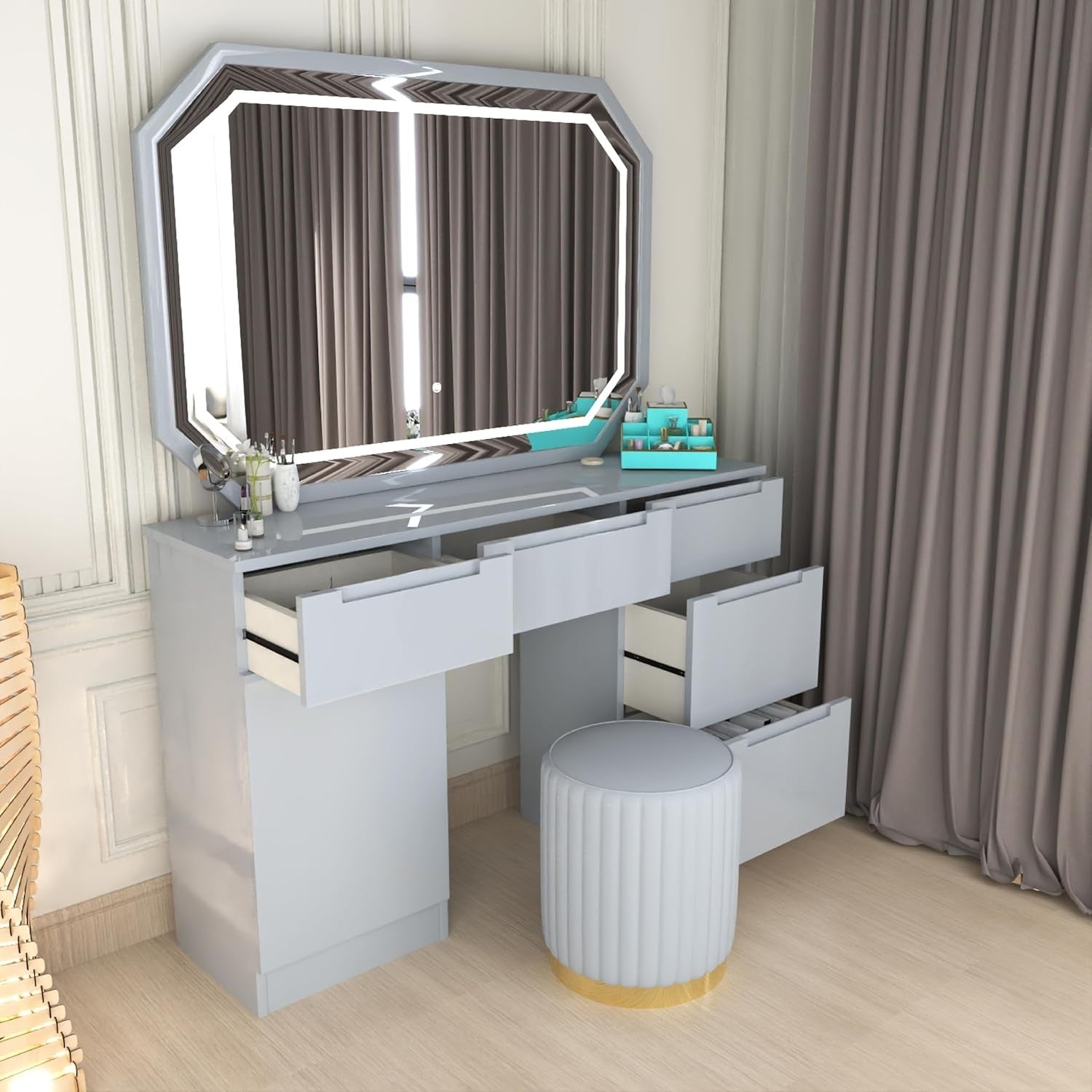 Dresser Vanity Set with LED Mirror Stool 7 Drawers Makeup Table Grey White Black