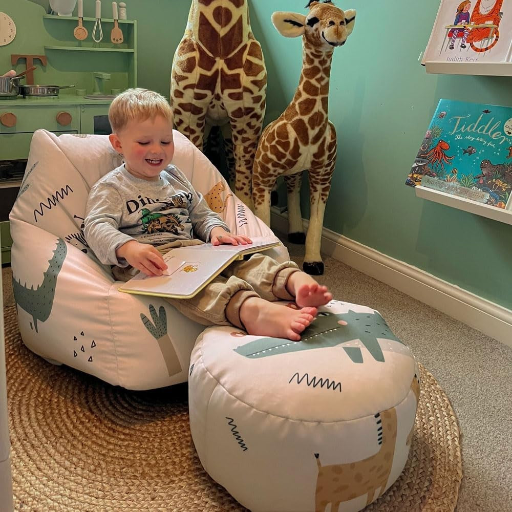 Safari Animal Kids Bean Bag Chair & Footstool Set - Armchair Style Seat