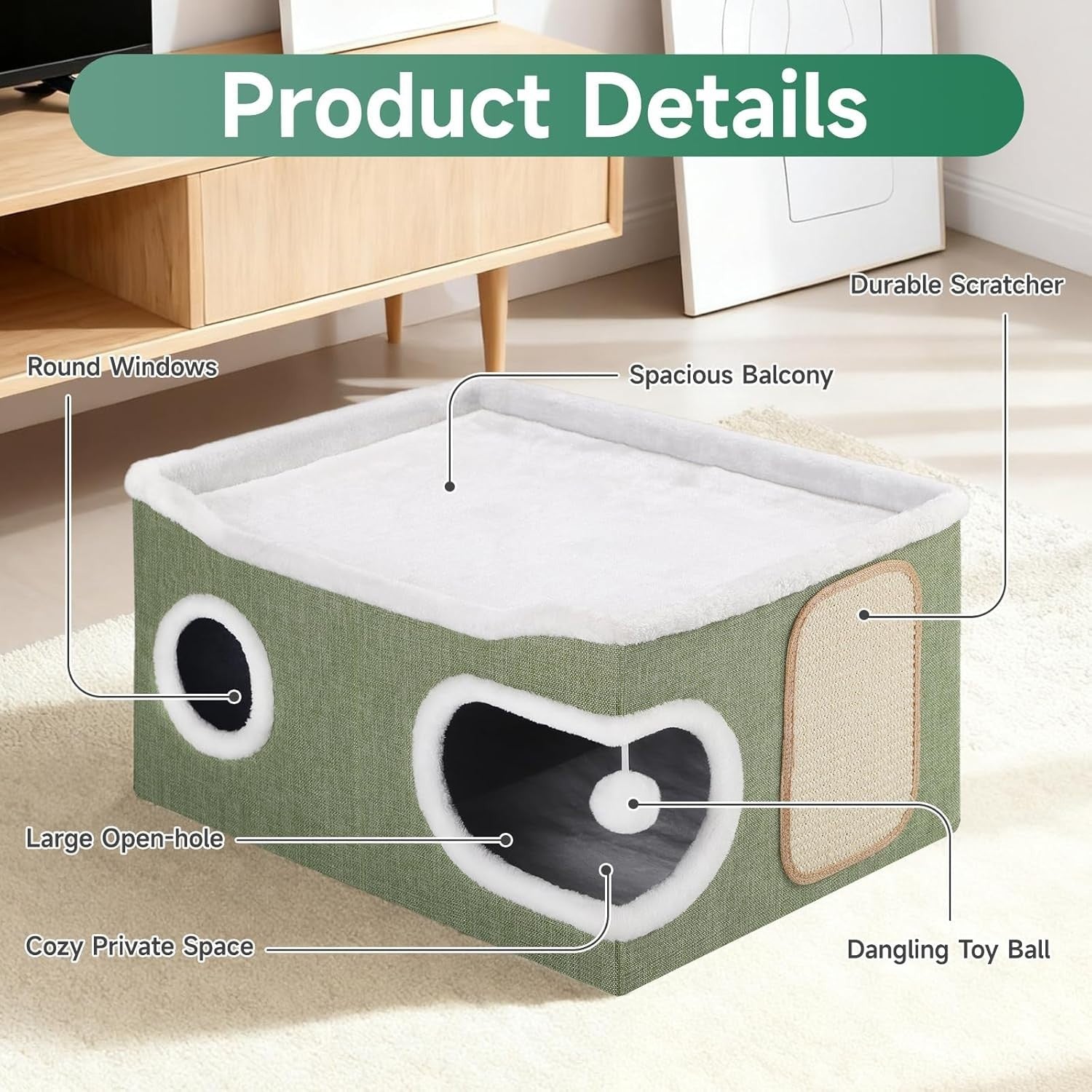 Extra Wide 2 Layer Cat Cube House Foldable Cave w Scratch Board Green