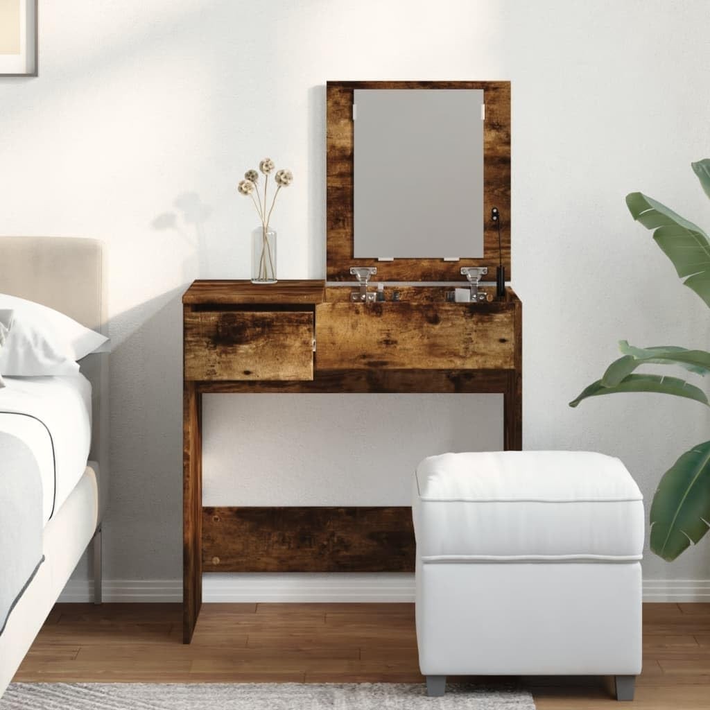 Modern Makeup Vanity Dressing Table Desk Mirror Storage Drawer Wood Smoked Oak