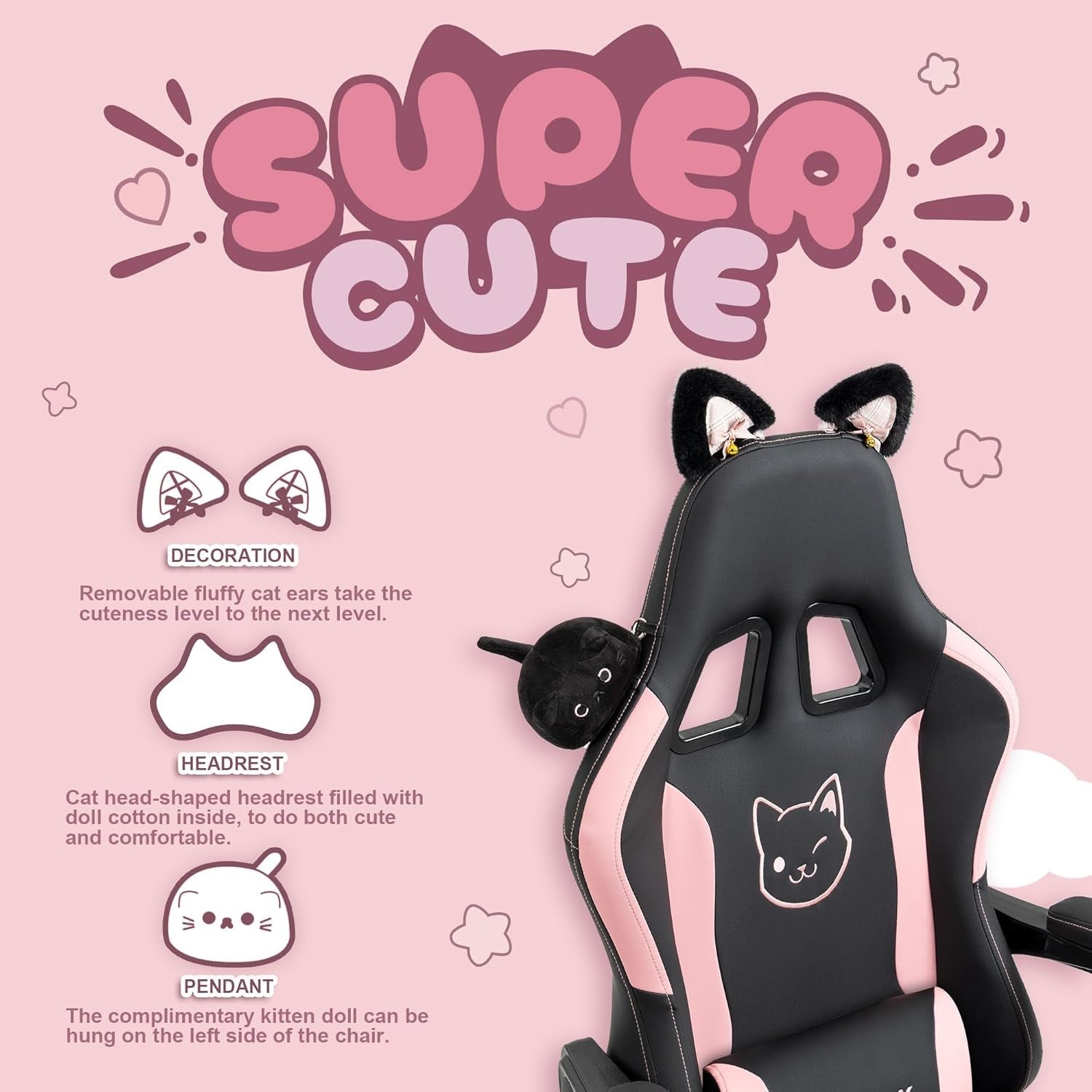 Cute Cat Ear Gaming Chair Massage Lumbar Footrest 290lbs Black
