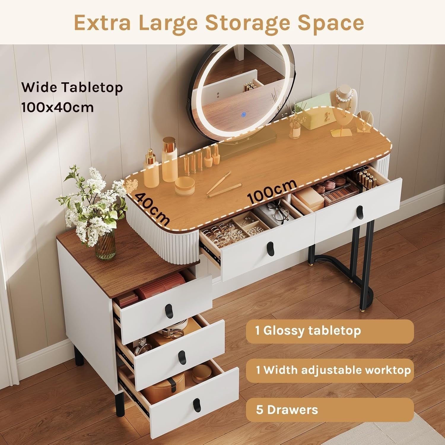 Orange Brown Dressing Table Vanity Desk Set LED Mirror Stool 5 Drawers Storage