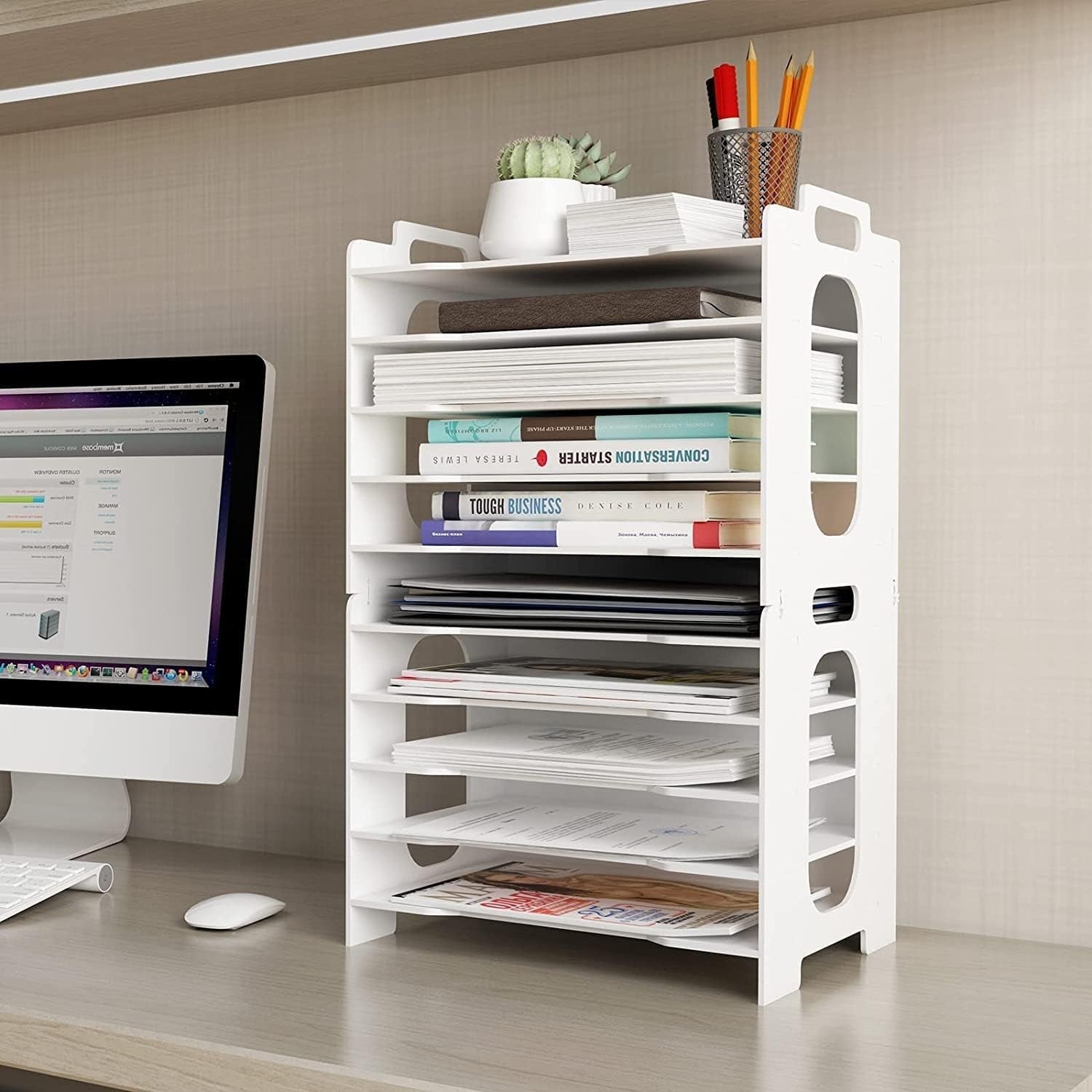 10-Tier A4 Desk Paper Tray Organizer | Desktop Filing Rack White