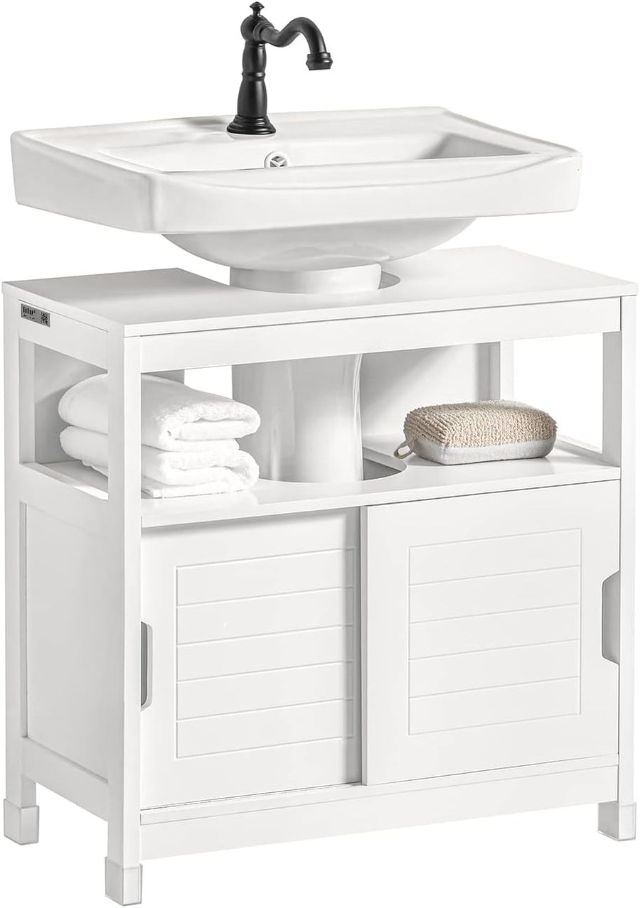 White Under Sink Bathroom Cabinet with Sliding Doors Storage Cupboard