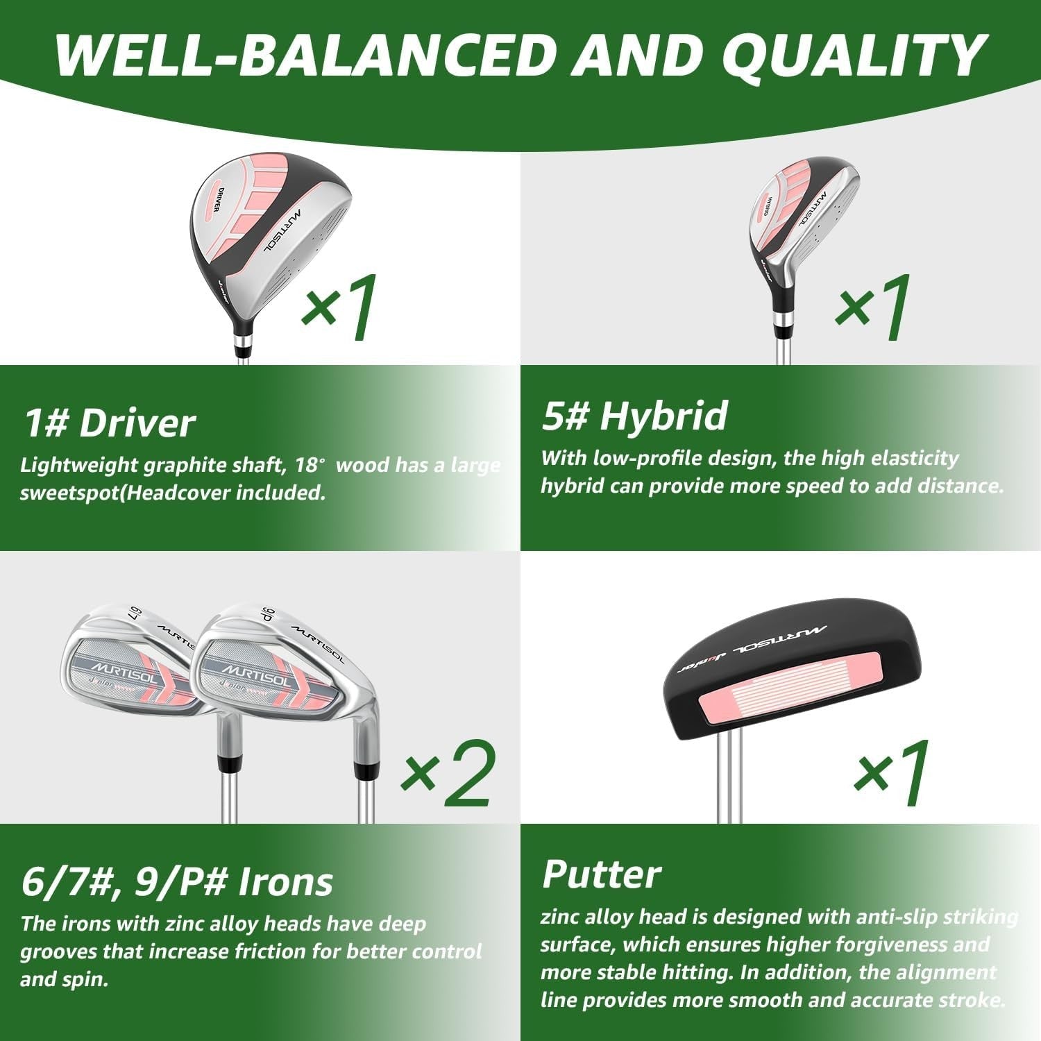 Junior Golf Club Set Right Hand 6pc Driver Hybrid Irons Putter Stand Bag