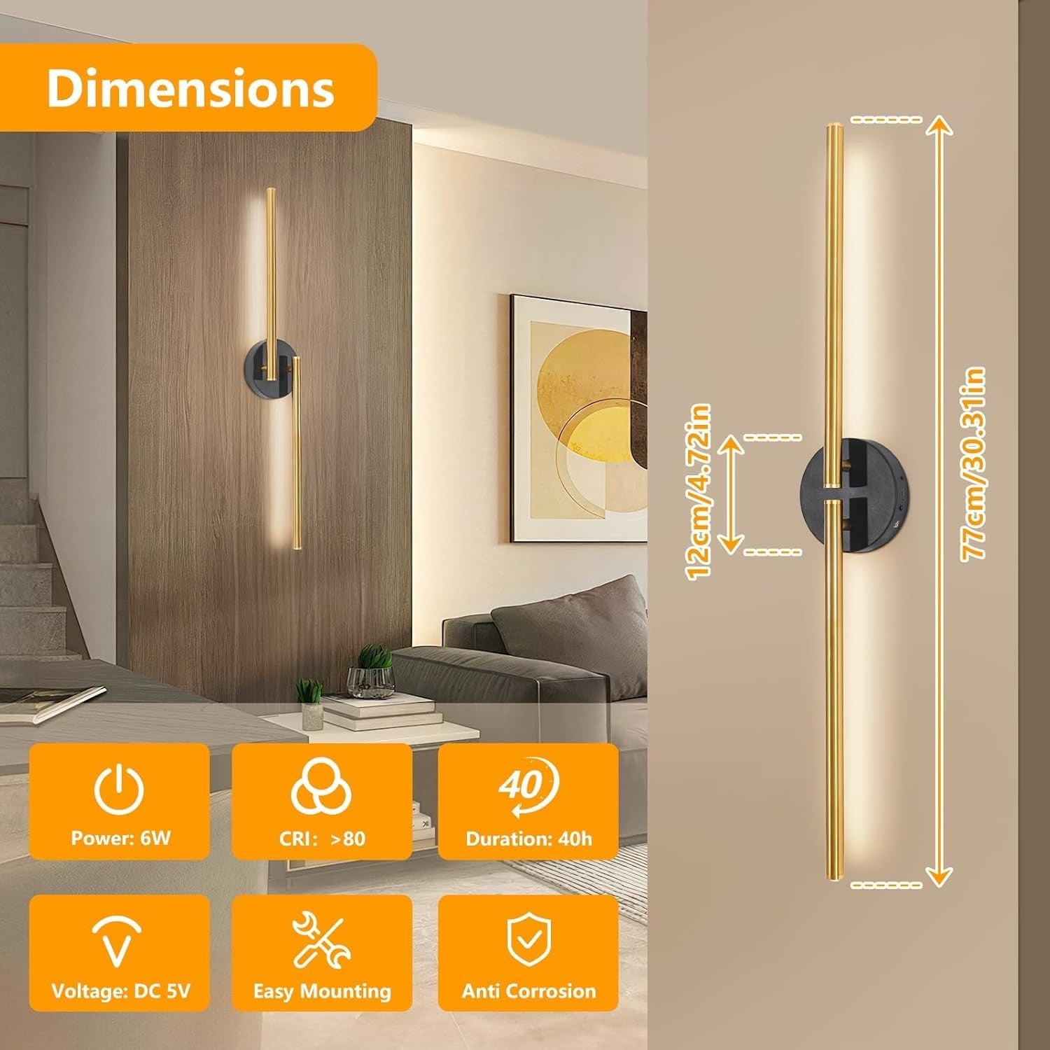 Rechargeable Wireless Wall Sconces 77CM Dimmable LED 3 Color Temps