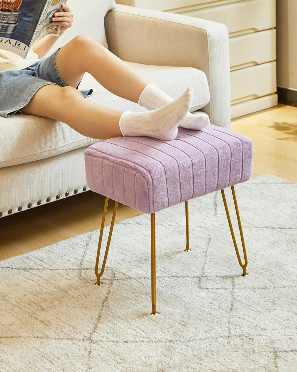 Purple Velvet Footrest Ottoman – Rectangular Vanity Stool with Gold Legs