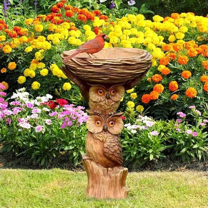 Owl Resin Bird Bath & Feeder – Waterproof Garden Ornament Yard Decor