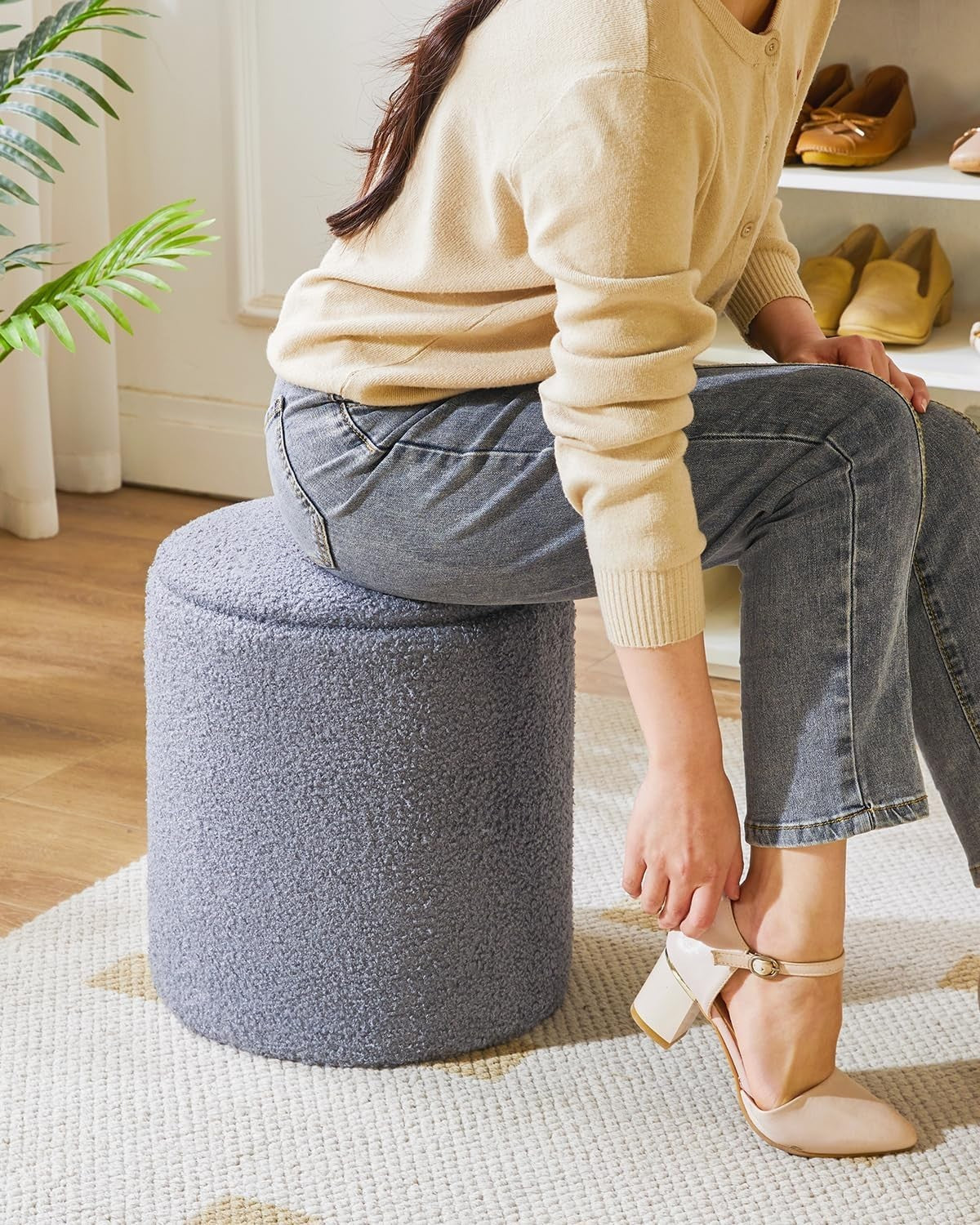 Set of 2 Round Fleece Ottomans with Storage – Nesting Footstools & Side Tables