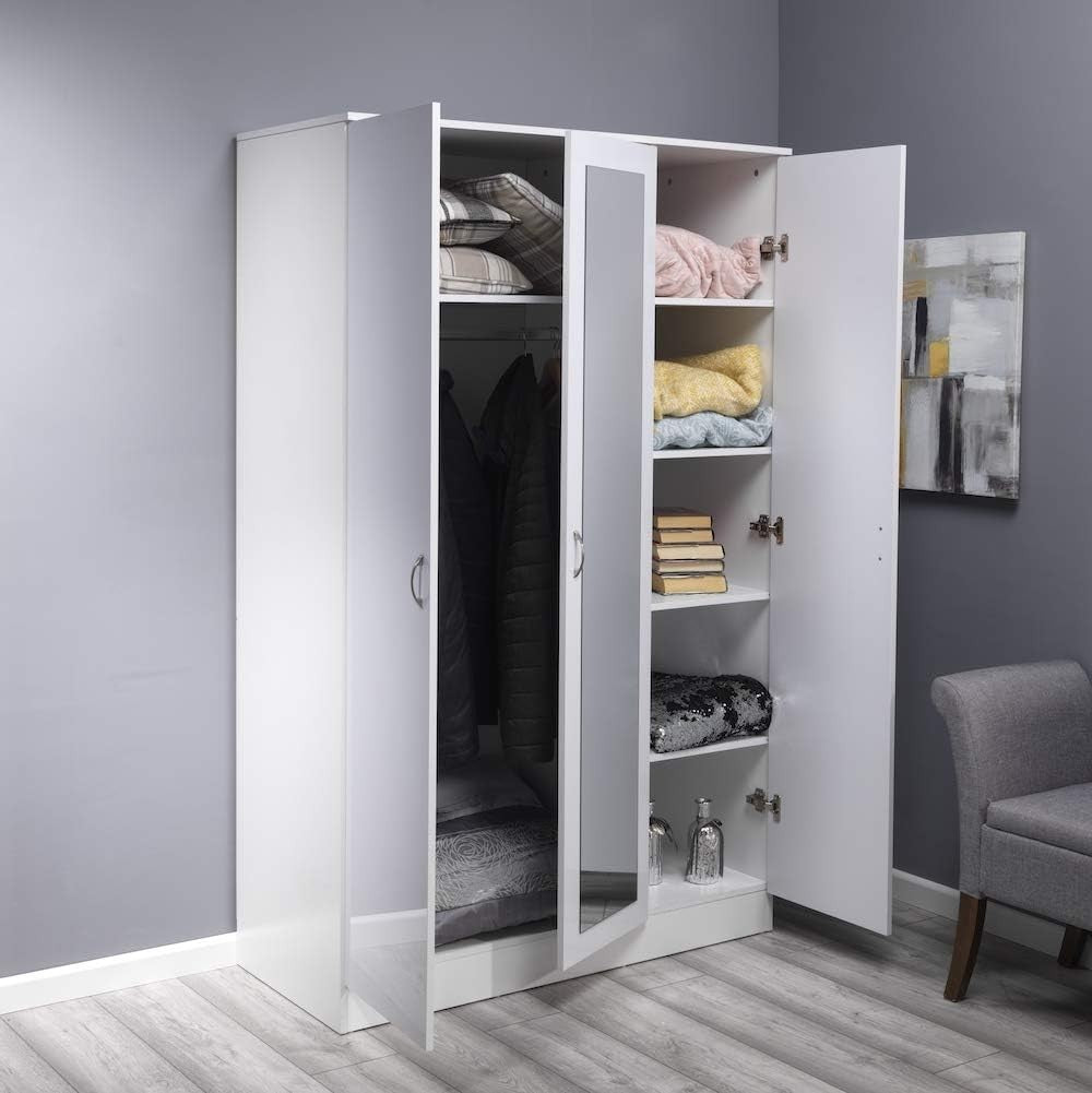 Contemporary 3-Door White Gloss Wardrobe with Mirror & Lockable Storage