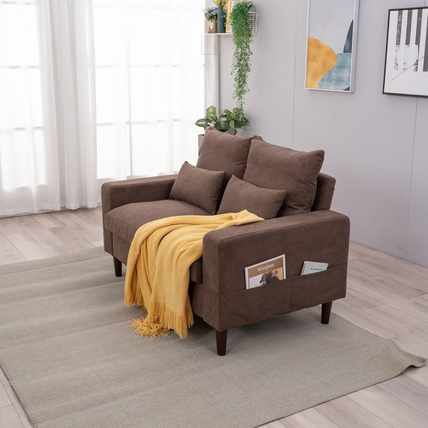 3+2 Seater Sofa Set Brown Linen Cushions Modern Compact Fabric Couch Suite