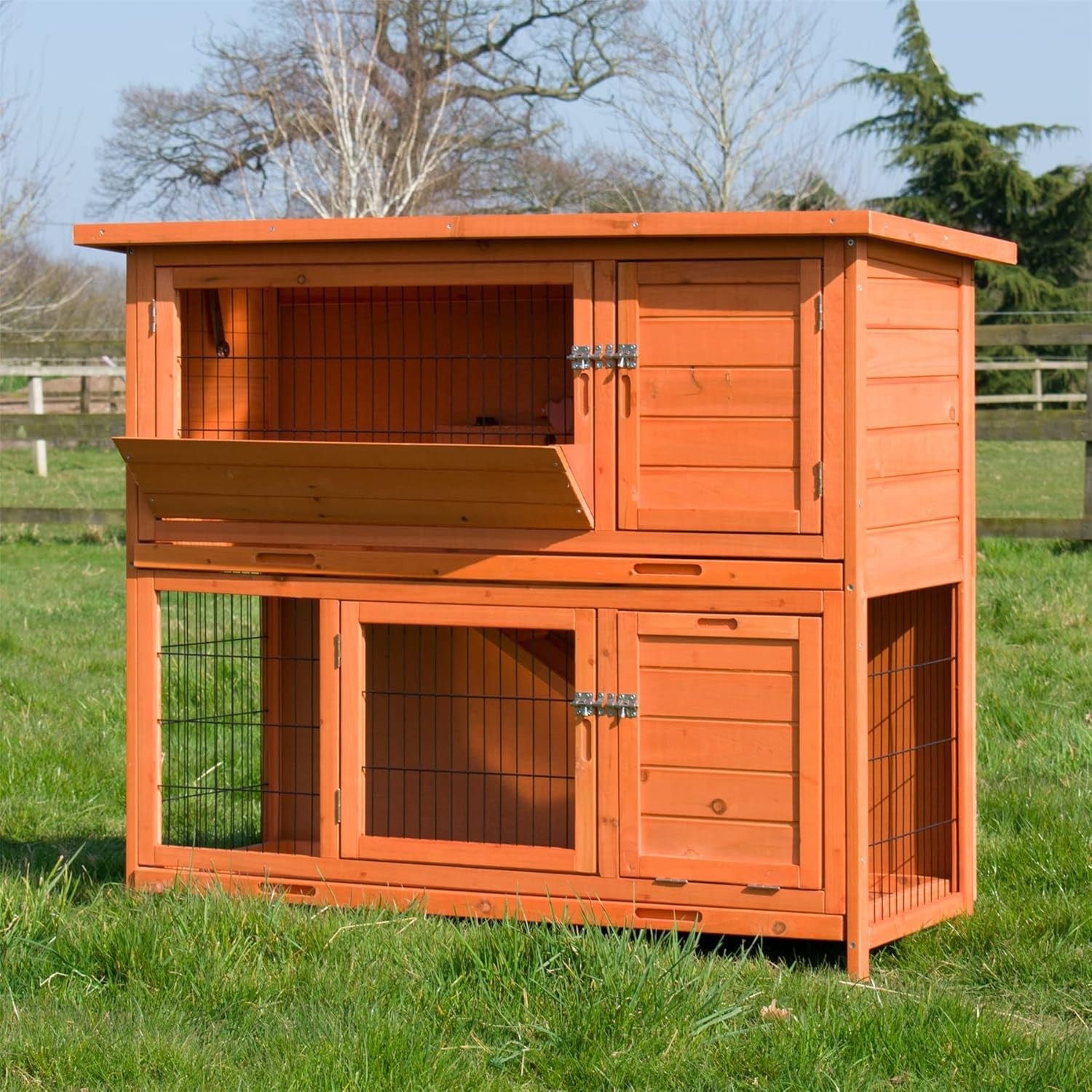 Large 2 Tier Rabbit Hutch with Enclosed Run Wooden Outdoor Cage Tray