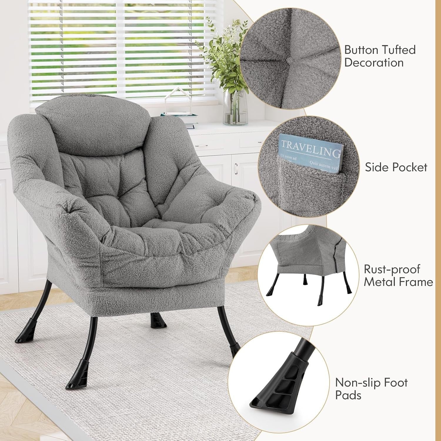 Grey Sherpa Armchair Comfy Reading Chair Lounge Sofa w/ Side Pocket