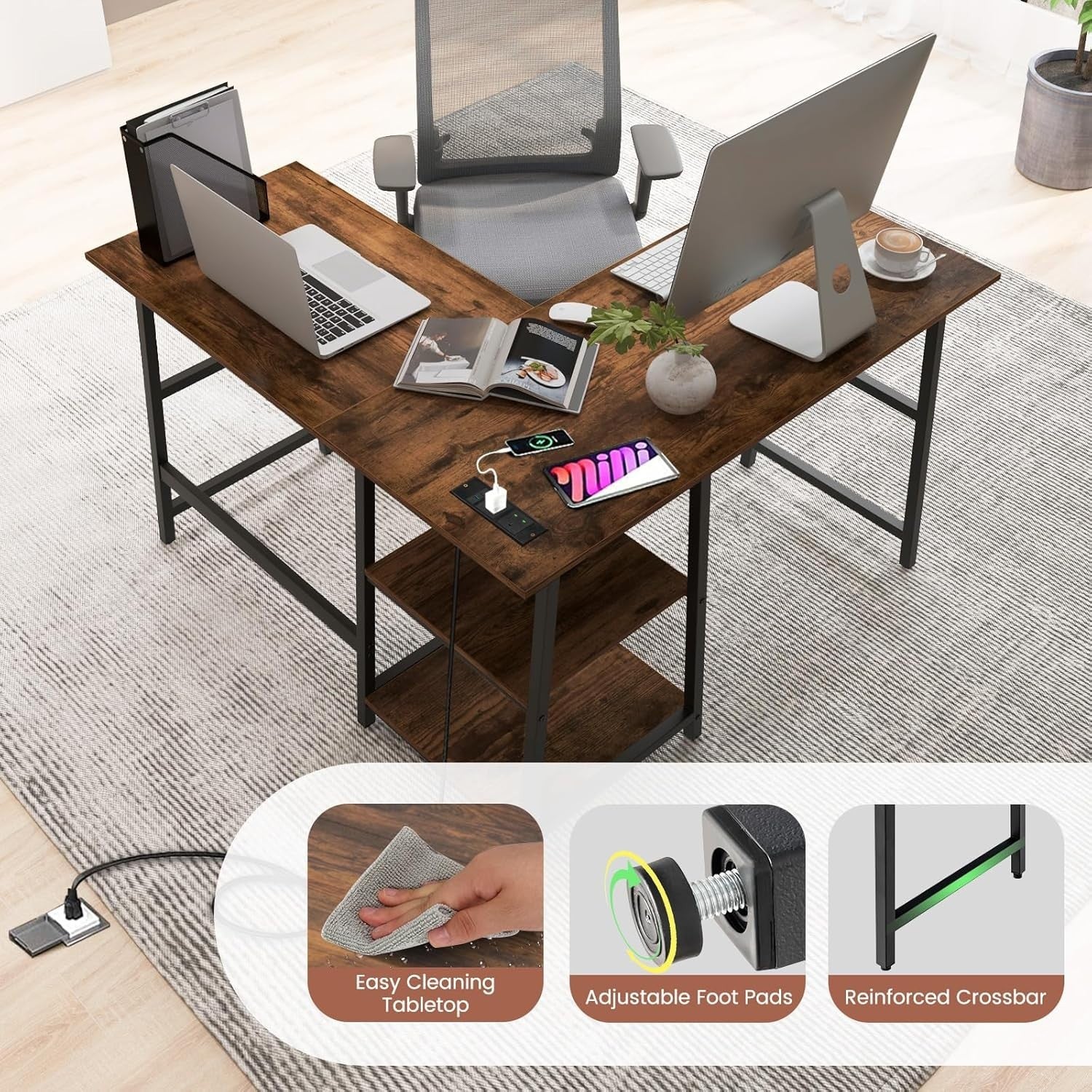 Rustic Brown L-Shaped Computer Desk 120cm Corner Workstation with Shelves