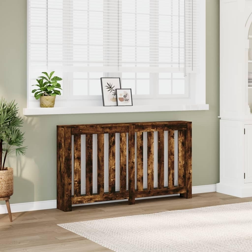 Smoked Oak Radiator Cover Shelf | Modern Slatted MDF Cabinet 149x20x82cm