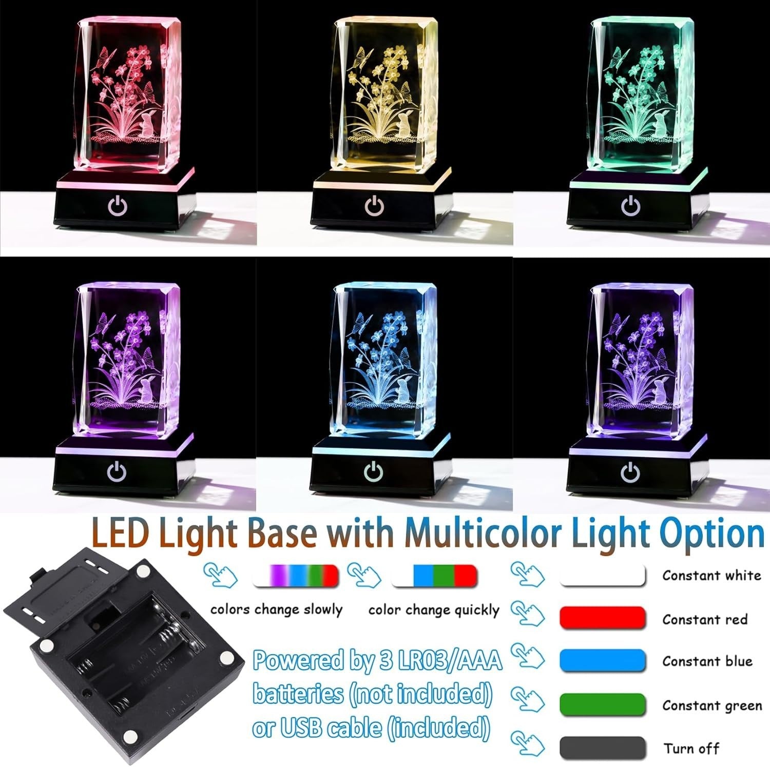 3D Crystal Flowers Rabbit LED Light Cube Gift Ornament for Women Girls Birthday