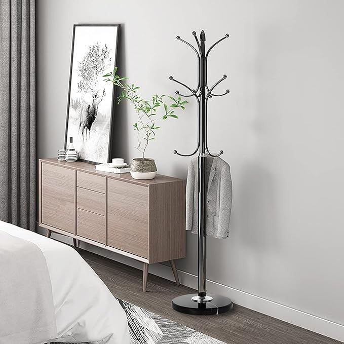 Black Metal Coat Rack Stand with Marble Base 12 Hooks Hall Tree for Entryway