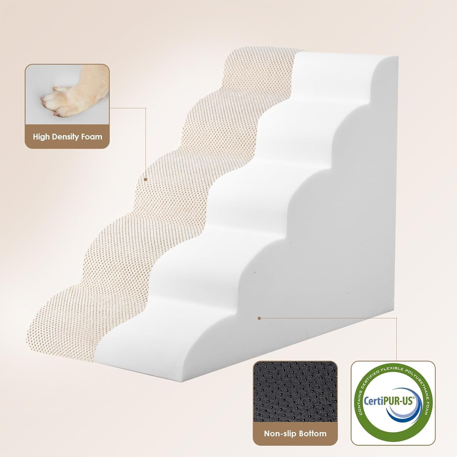 5 Step Dog Stairs for High Bed Non Slip Foam Pet Steps Washable Cream