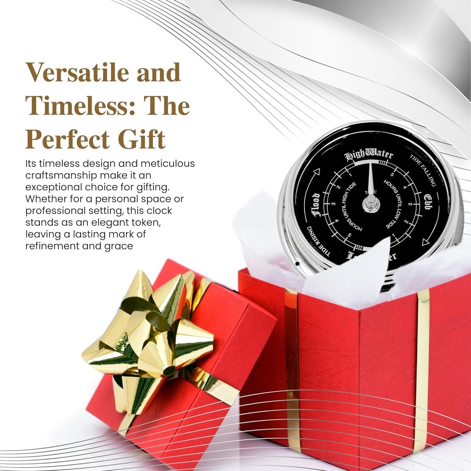 Ocean Tide Clock Silent Analog Wall-Mount, Chrome Plated, Coastal Decor