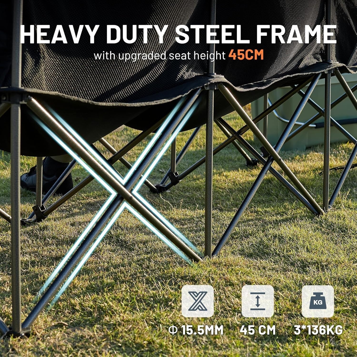 Heavy Duty 3-Seater Folding Camping Chair with Cup Holders & Bottle Opener