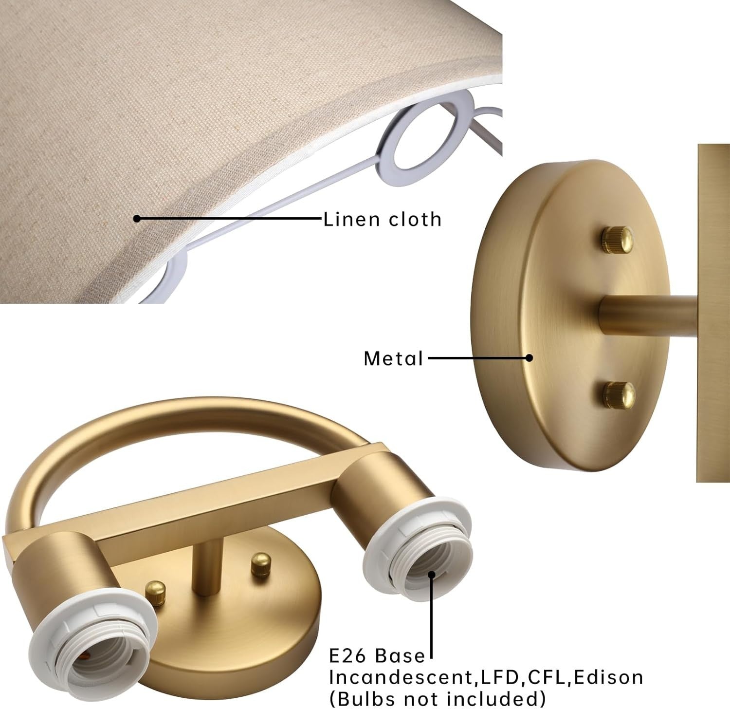 2-Light Wall Sconce Lamps with Linen Shade | Antique Brass | Easy Install