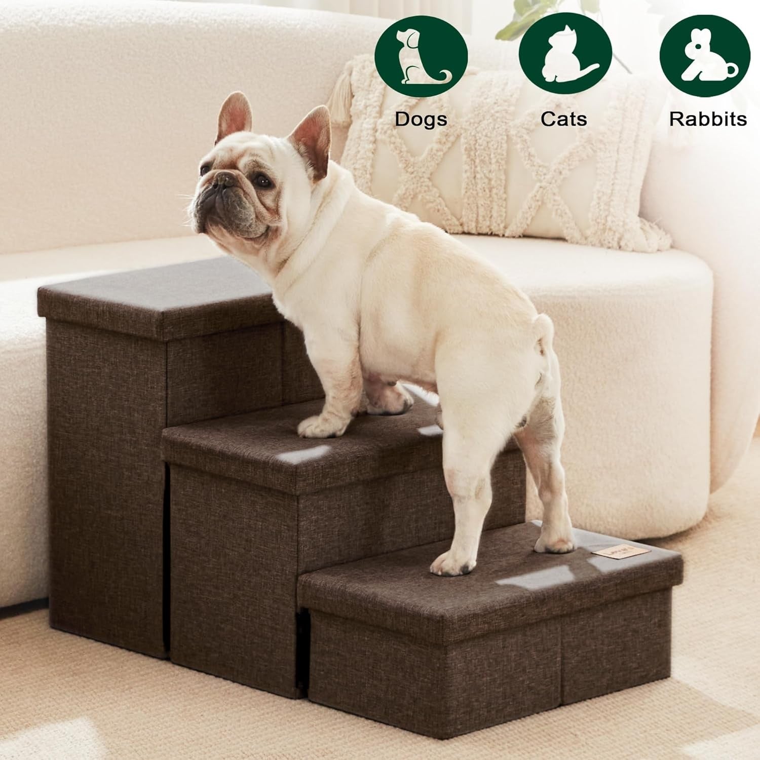 Dog Stairs 3 Step with Storage 18" High Foldable Pet Steps Coffee