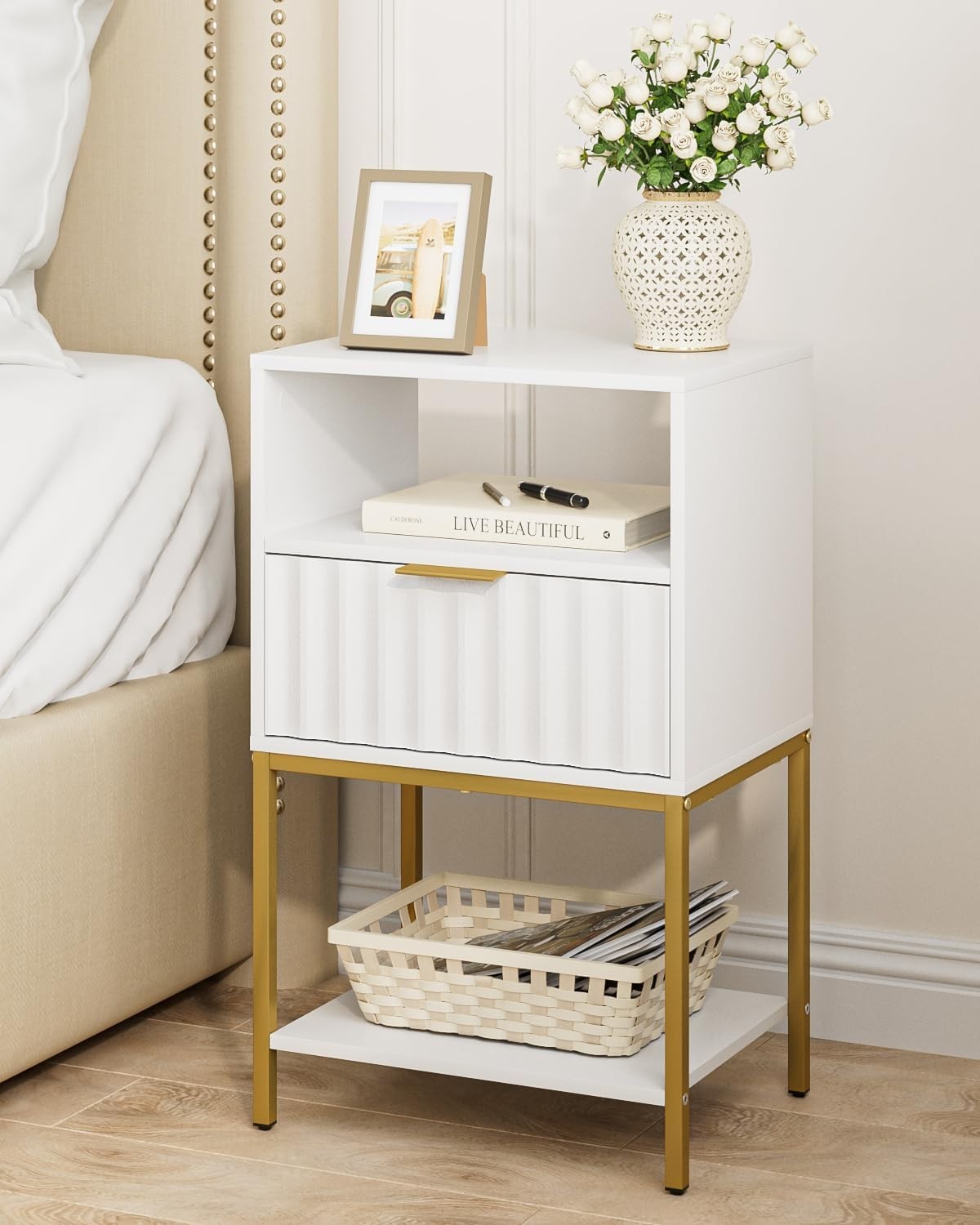 White Bedside Table with Gold Frame – Modern 3-Tier Storage Side Table