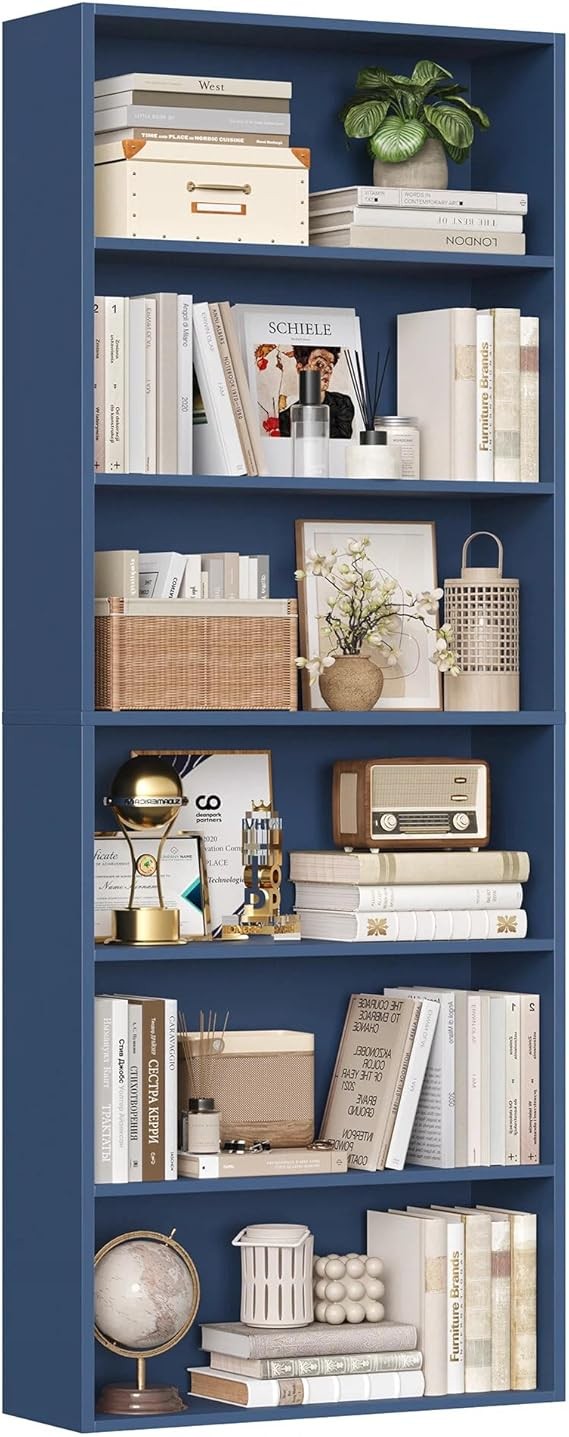 6-Tier Tall Bookshelf Blue Modern Display Storage Unit for Living Room Home