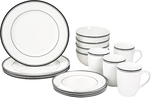 16pc Porcelain Dinnerware Set Black Stripe Plates Bowls Mugs Dishwasher Safe