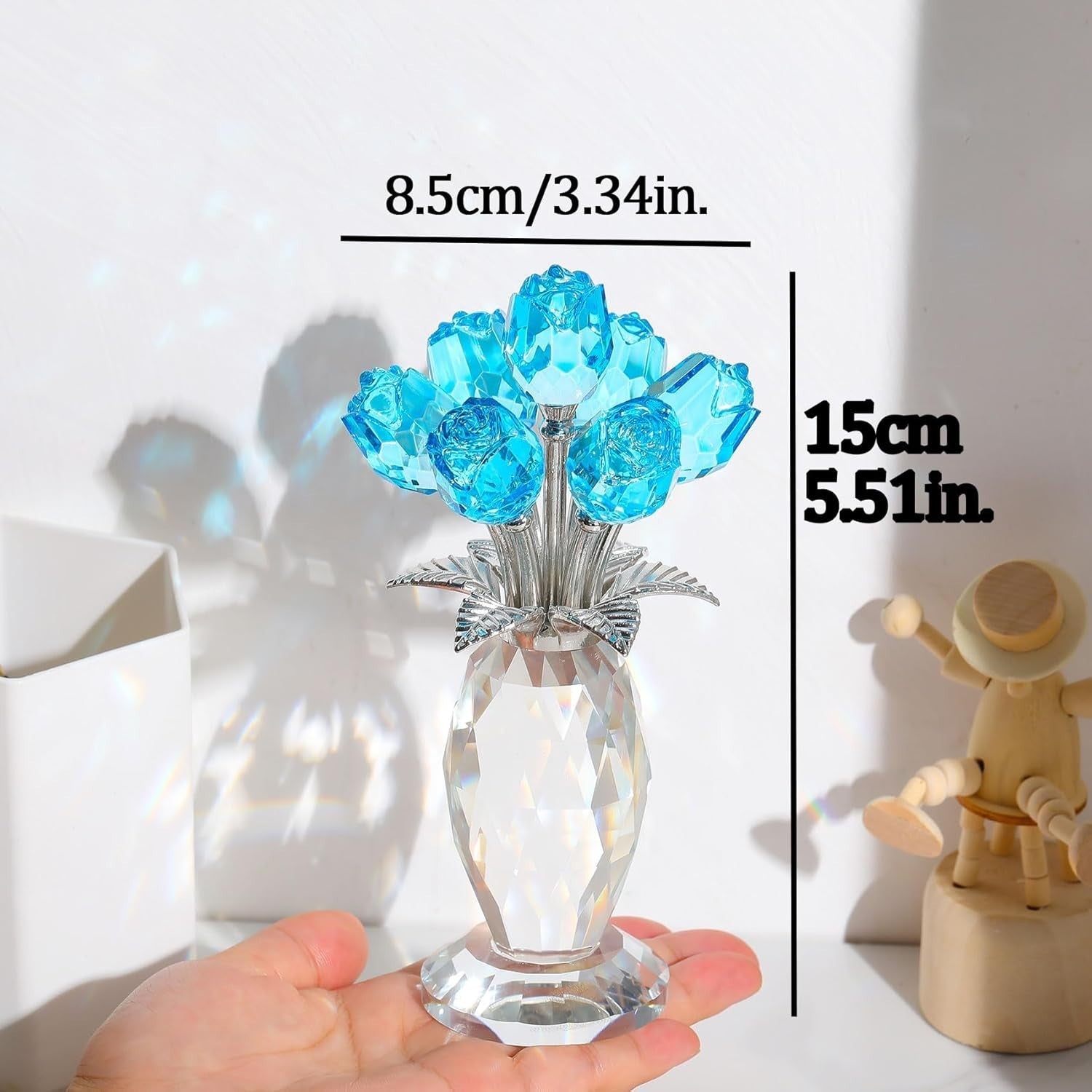 Light Blue Crystal Rose Bouquet Ornament Glass Flower Figurine Gift Decor
