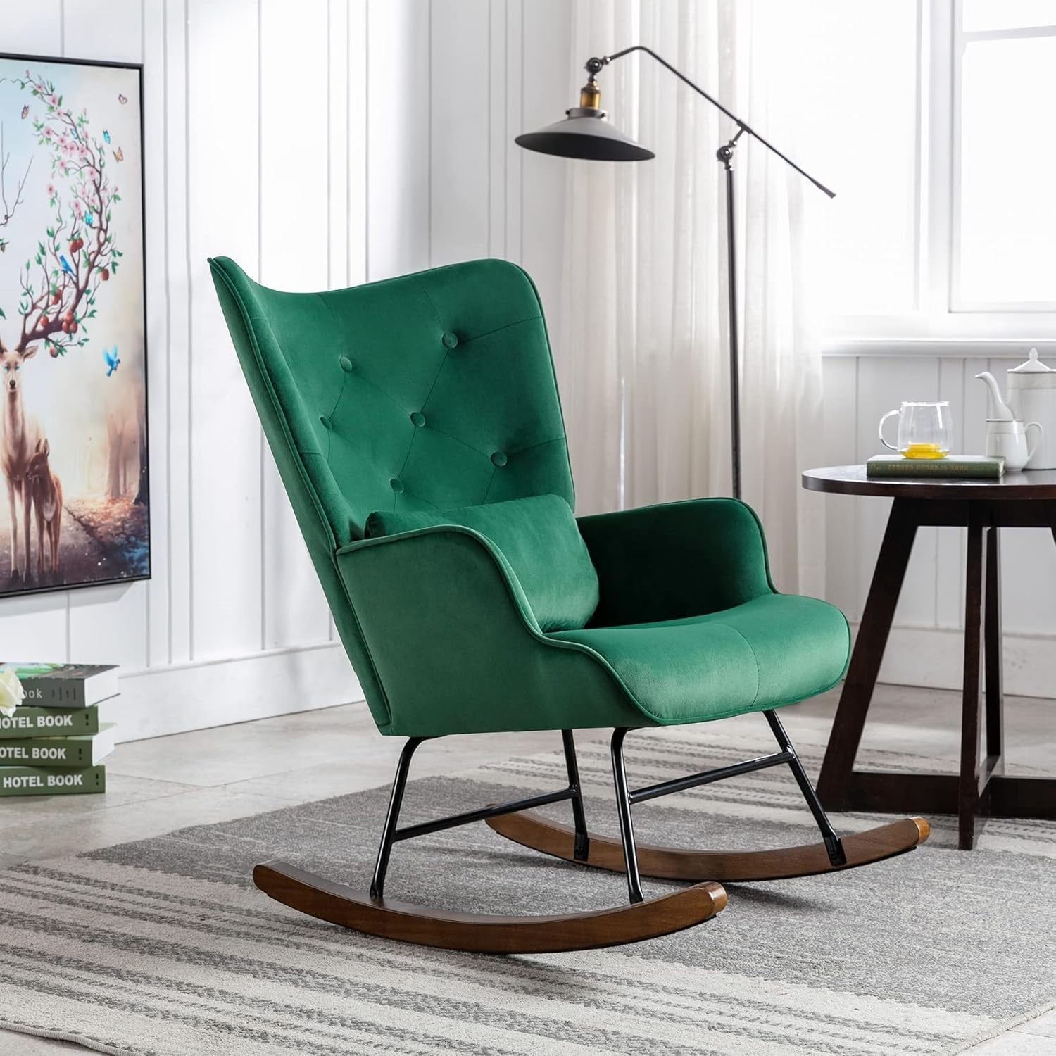Velvet Rocking Chair for Adults – Comfy Armchair, Solid Wood Legs, Stylish Recli