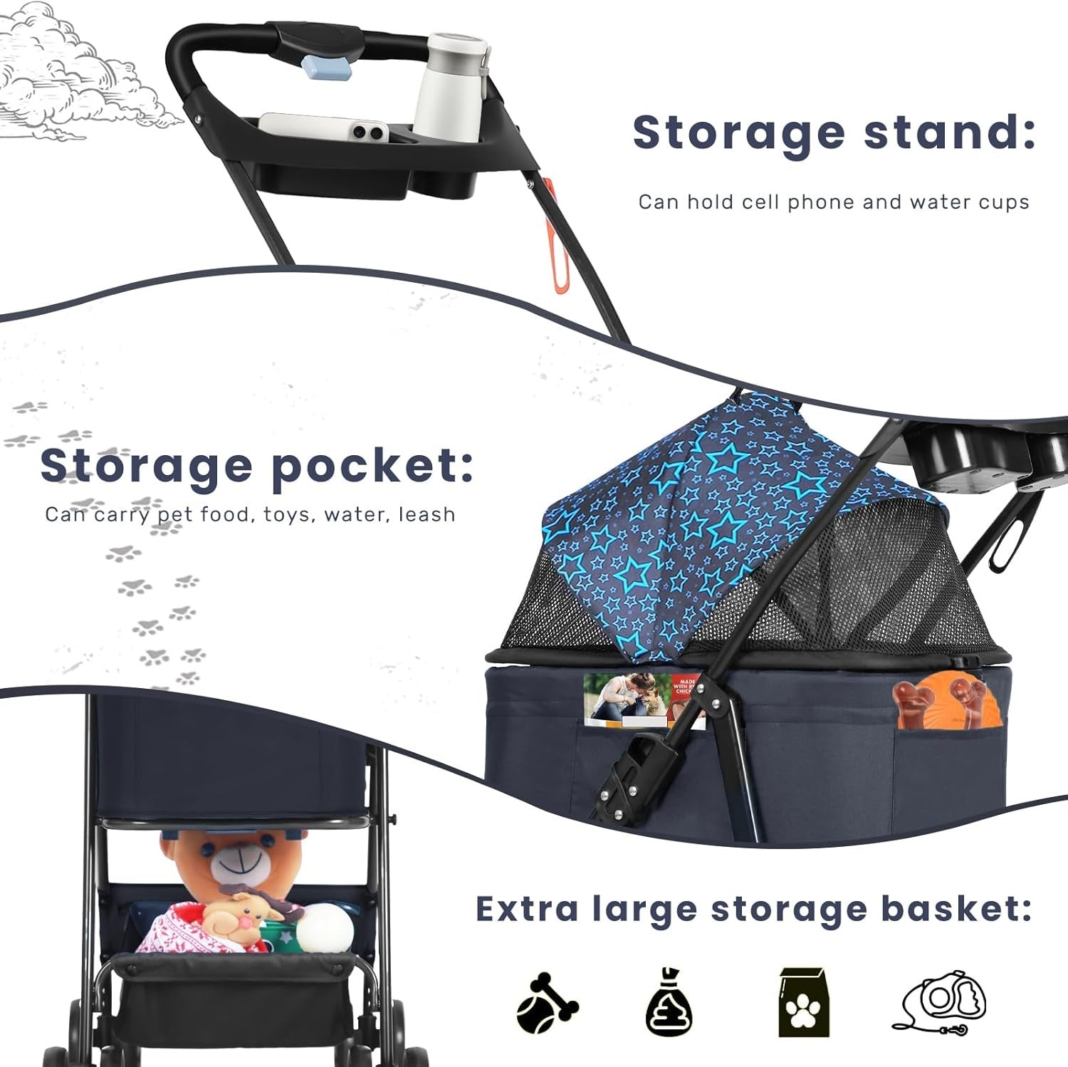 Pet Stroller Foldable Dog Cat Pram Safety Belt Storage Basket Cup Holder