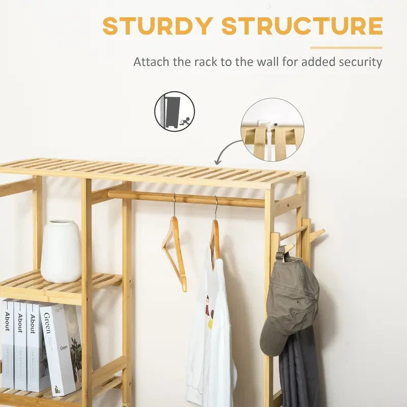 Bamboo Garment Rack with Hanging Rail & Shelves | Clothes Stand & Hooks