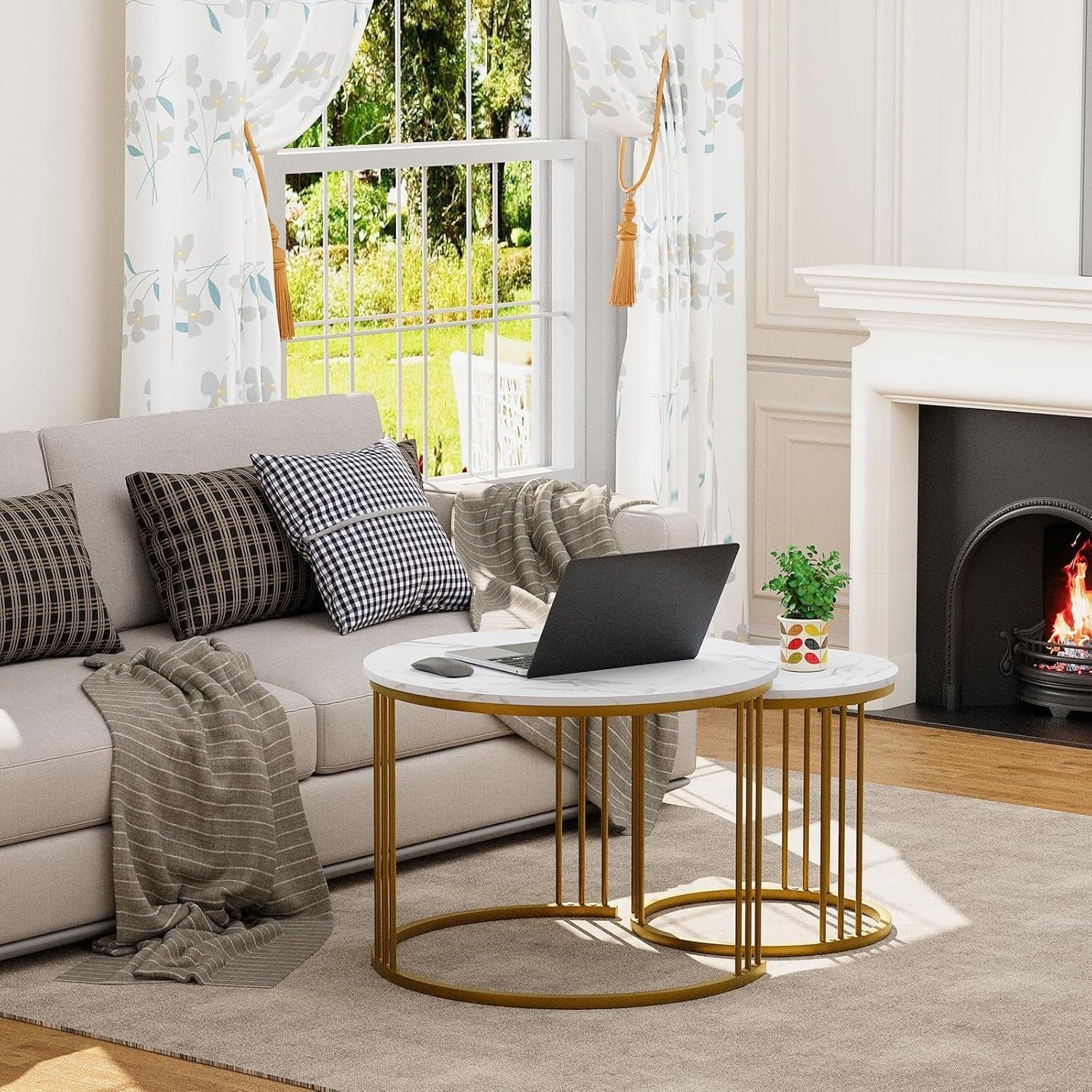 Gold Round Nesting Coffee Table Set Modern End Side Accent Living Room Furniture