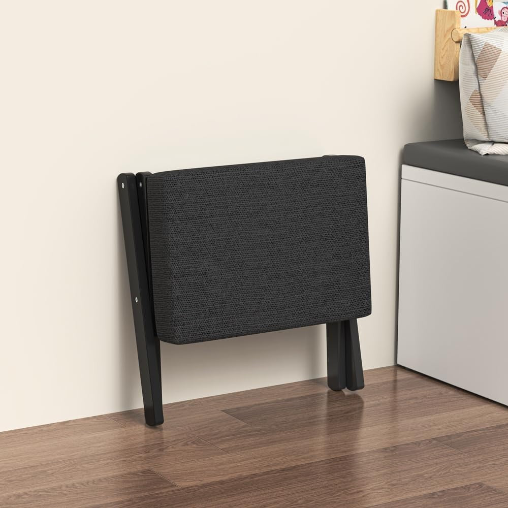 Black Foldable Footstool Ottoman with Bamboo X-Legs & Thick Chenille Cushion