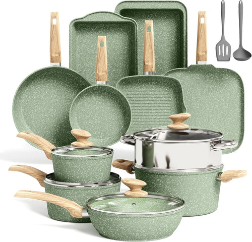 17pcs Green Granite Induction Cookware Set Non Stick Pots & Pans Oven Safe