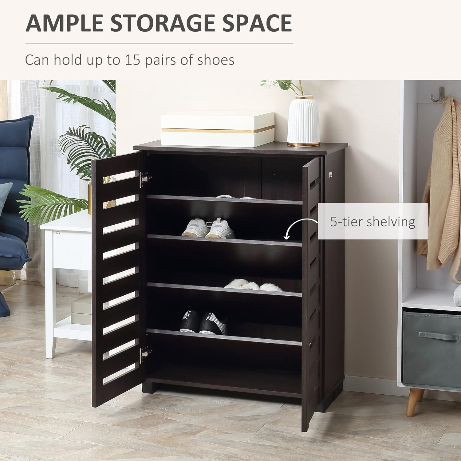Slim 5-Tier Shoe Cabinet with Adjustable Shelves & Ventilated Doors, Dark Brown