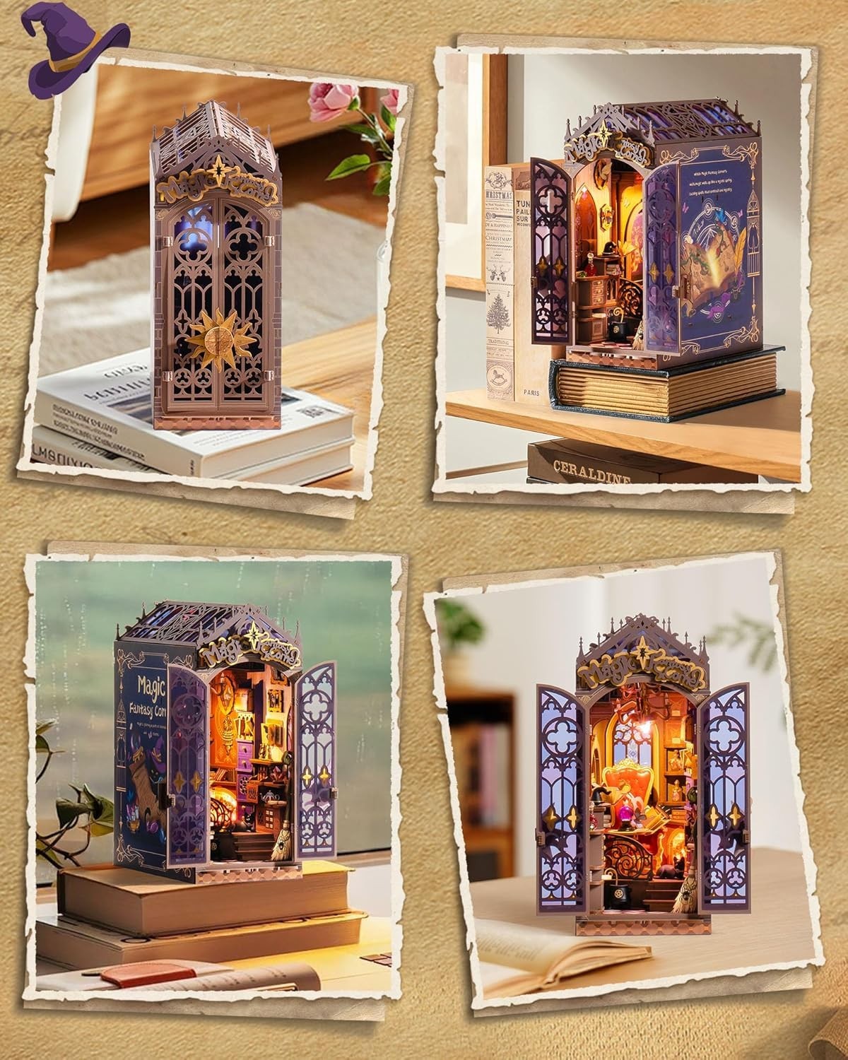 Magic Fantasy Book Nook DIY Miniature House Kit LED Wooden Bookshelf Decor