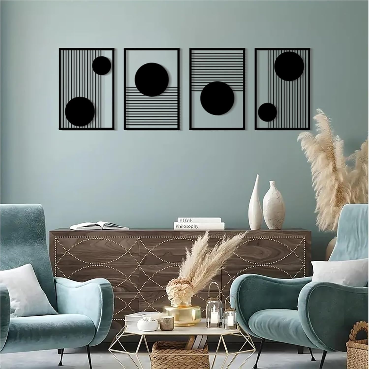 Abstract Metal Wall Art Set 2 Modern Geometric Minimalist Black Decor