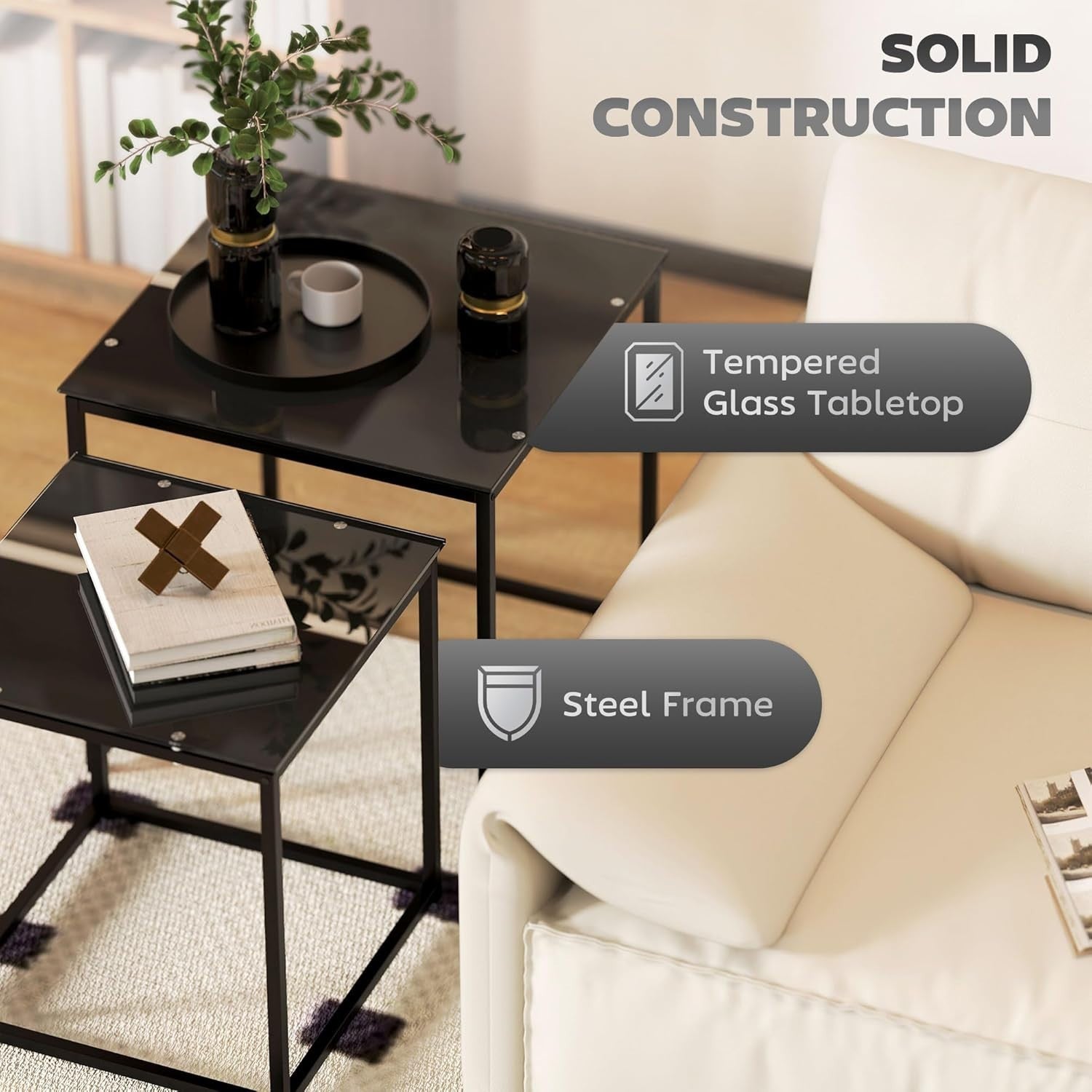 Nesting Coffee Table Set of 2 Black Tempered Glass Side End Tables Max 30KG