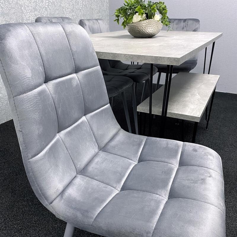 Grey Dining Table Set with 4 Velvet Chairs & Bench Hairpin Legs 140cm