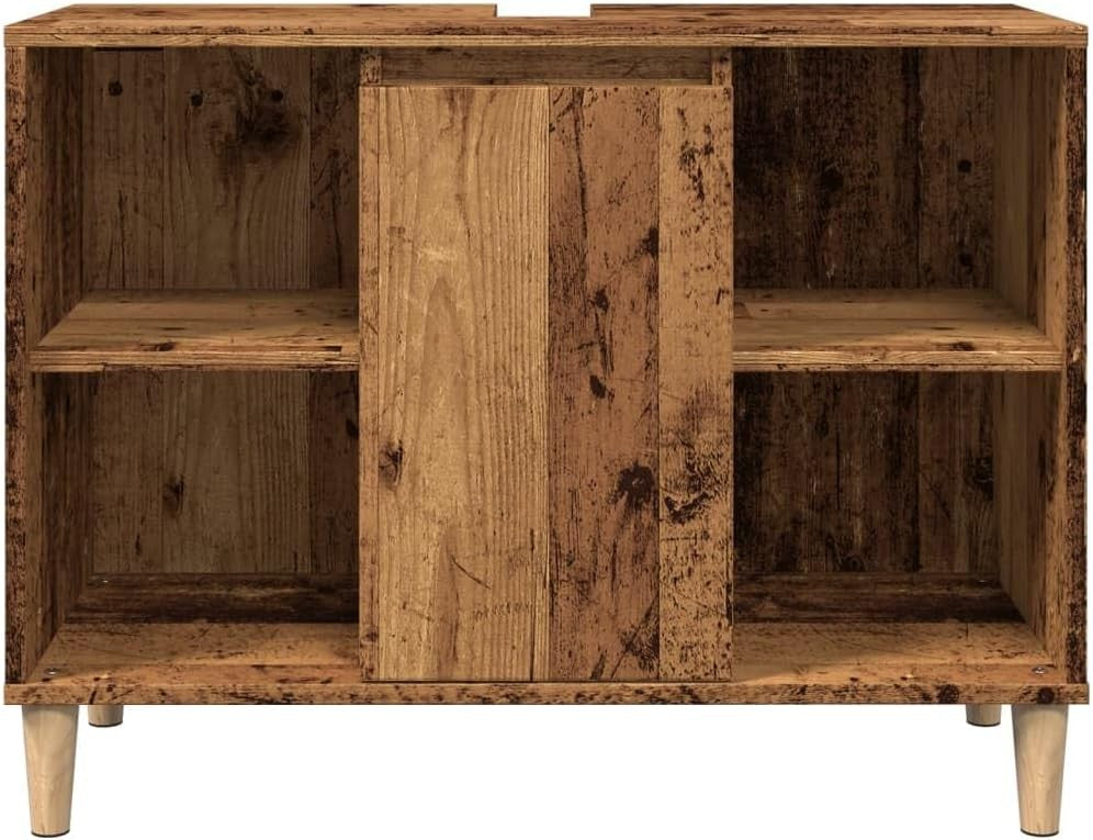 Rustic Old Wood Bathroom Sink Cabinet – Vintage Vanity Unit with Shelves 80cm (S