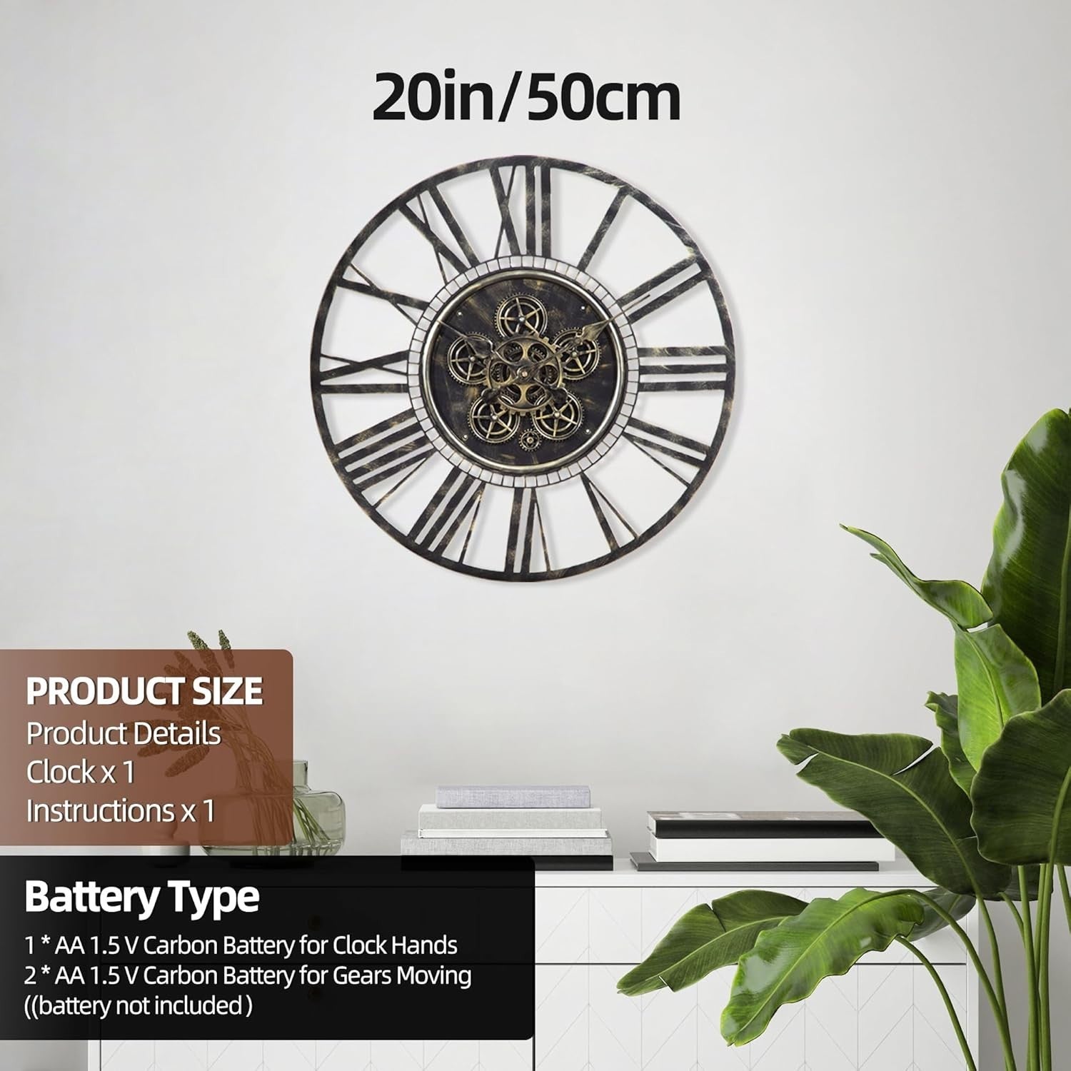 Large 20" Industrial Steampunk Gear Wall Clock | Vintage Brass Roman Numerals
