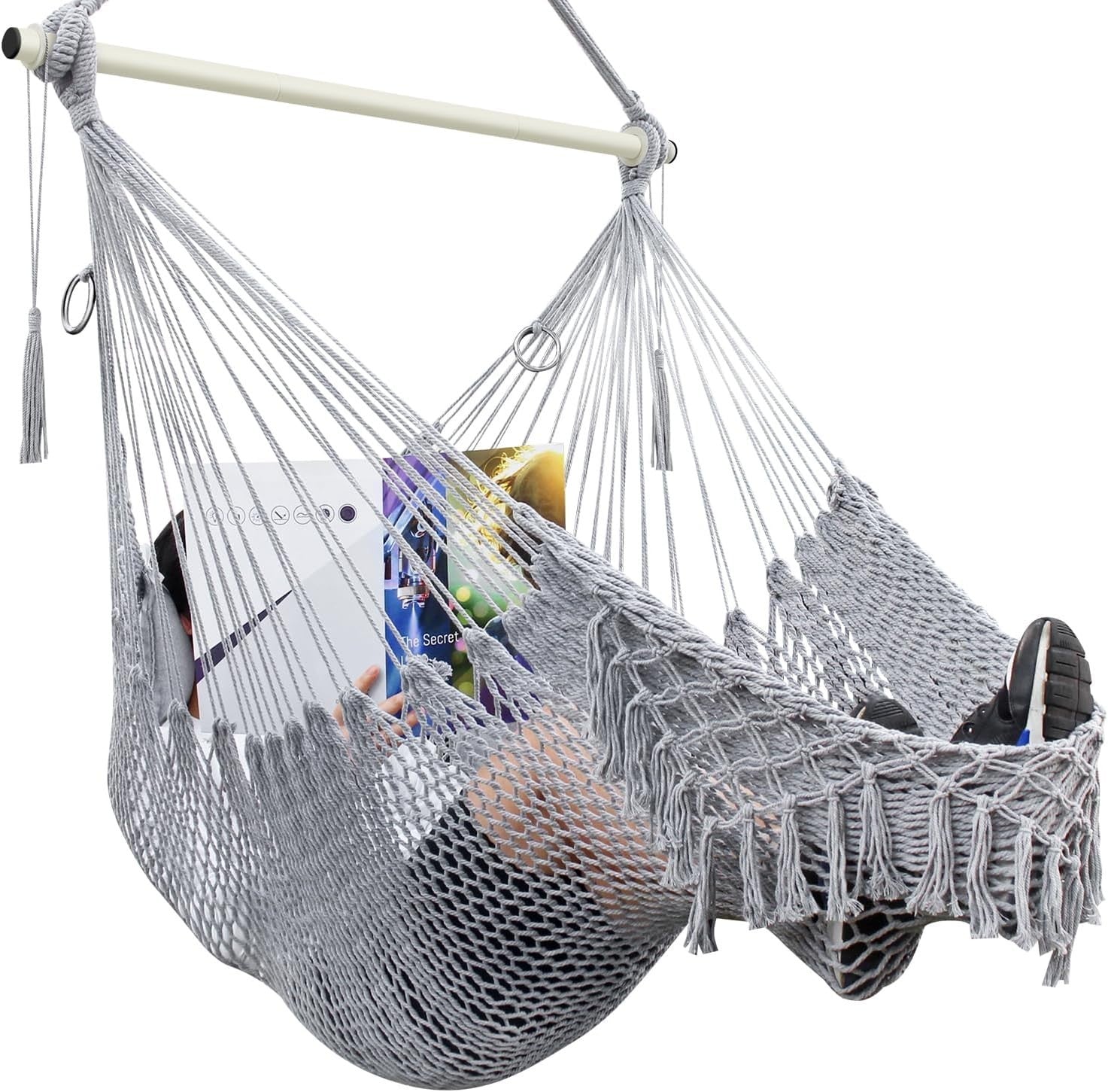 Grey Hammock Chair with Breathable Cotton Mesh – Indoor Outdoor Swing Seat