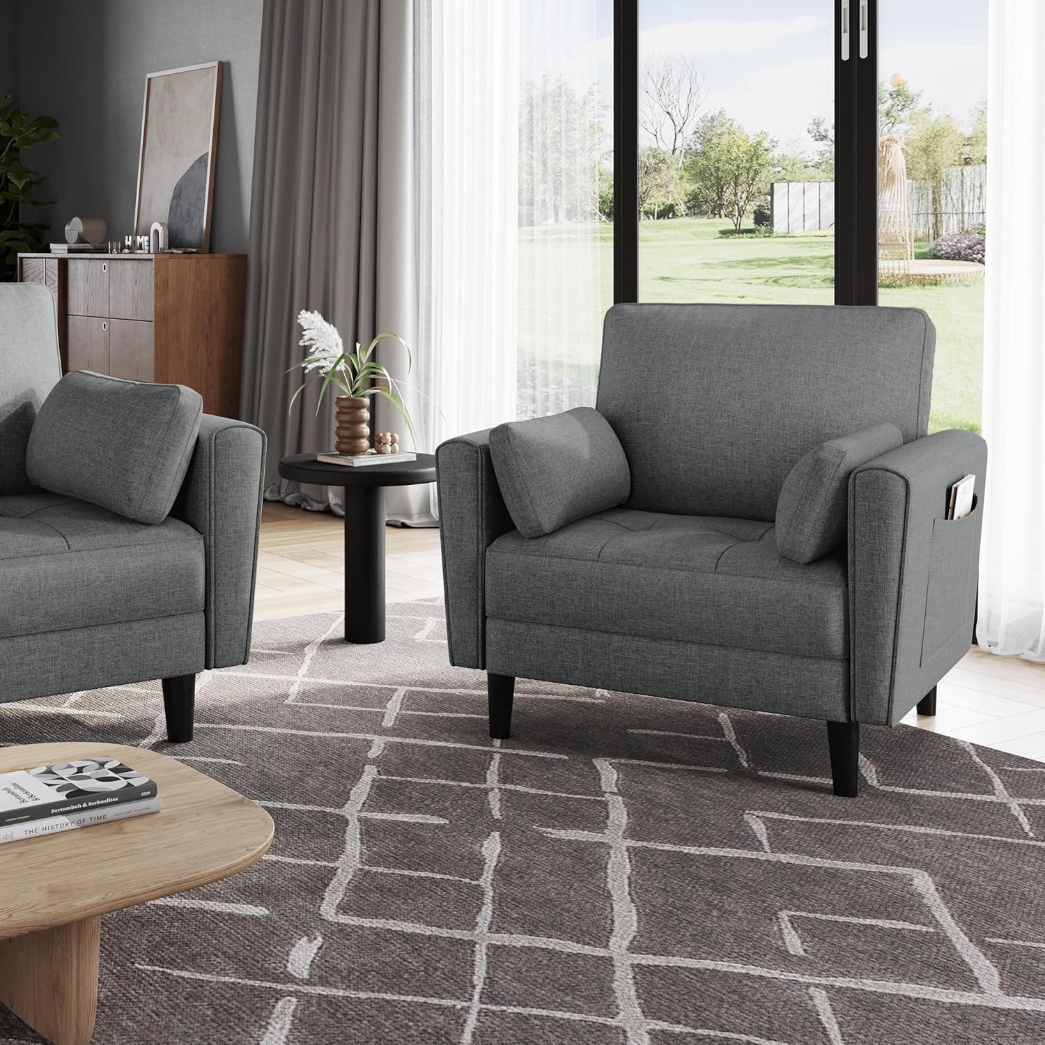 Dark Grey Fabric Tub Chair Oversized Accent Armchair with Pillows & Storage